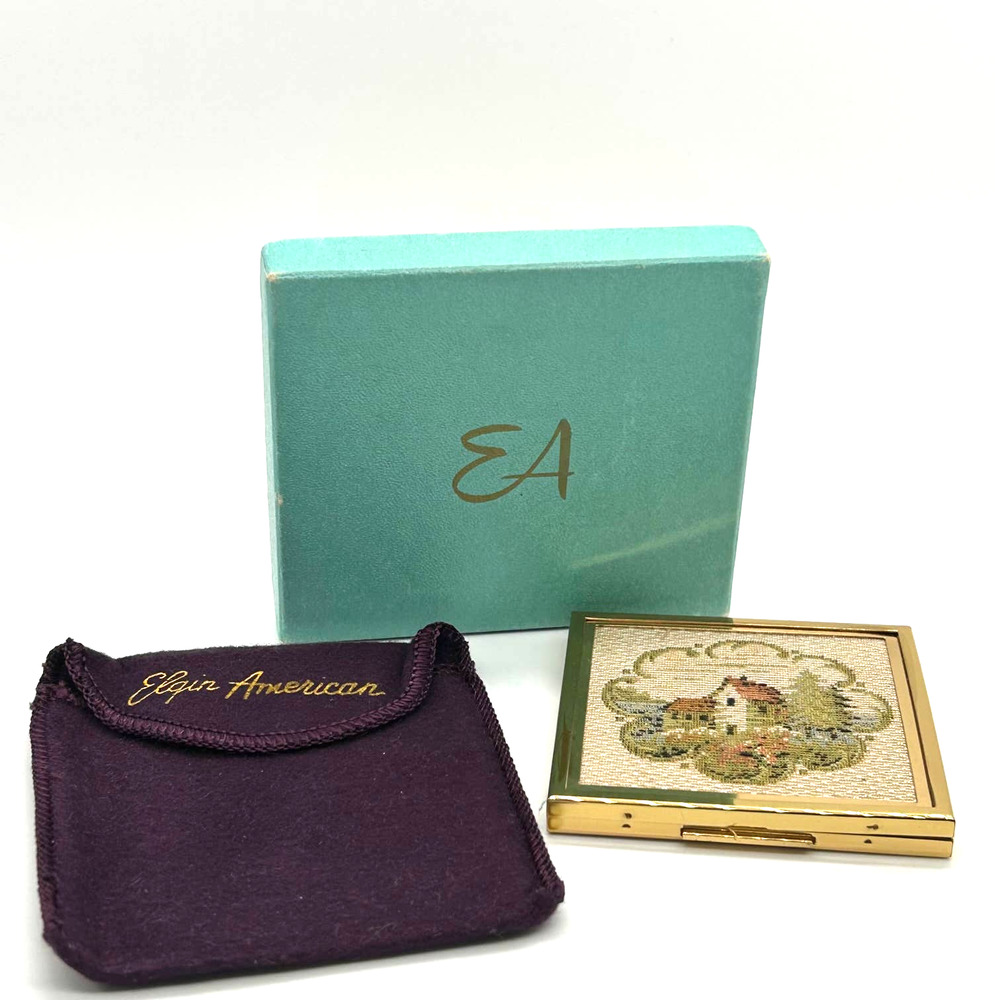 Vintage Elgin American Powder Box Country Scene Dust Bag Original Box